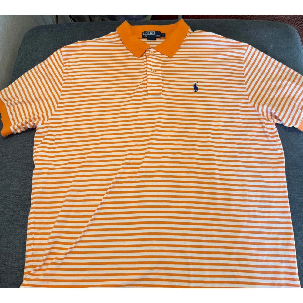Polo‎ Ralph Lauren Mens XL Orange White Striped Short Sleeve Jersey Polo Shirt